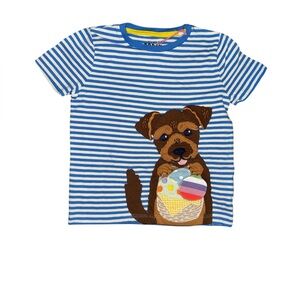 Mini Boden Kids Blue & White Striped Tee with Puppy with Easter Basket Appliqué